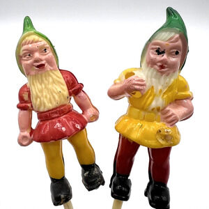 Vintage Plastic Garden Gnome Cake Topper Decoration Picks, Lot of 2, READ
